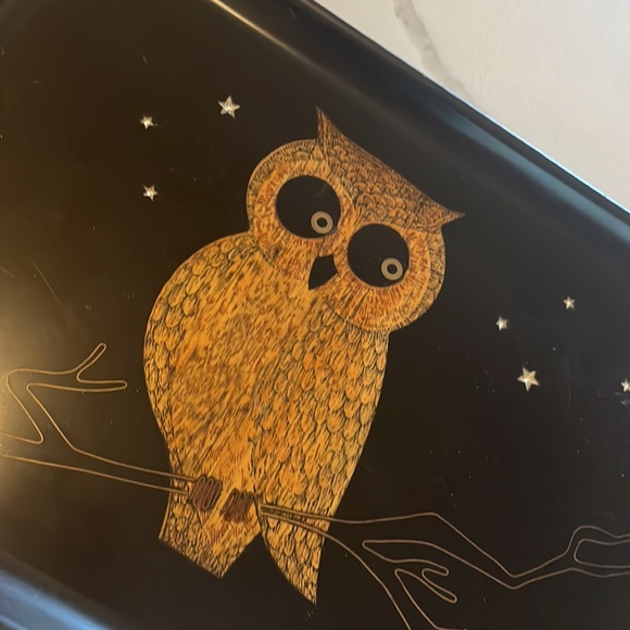 Vintage MCM - Couroc of Monterey Bakelite dresser top accessory box w/owl inlay - Picture 2 of 3